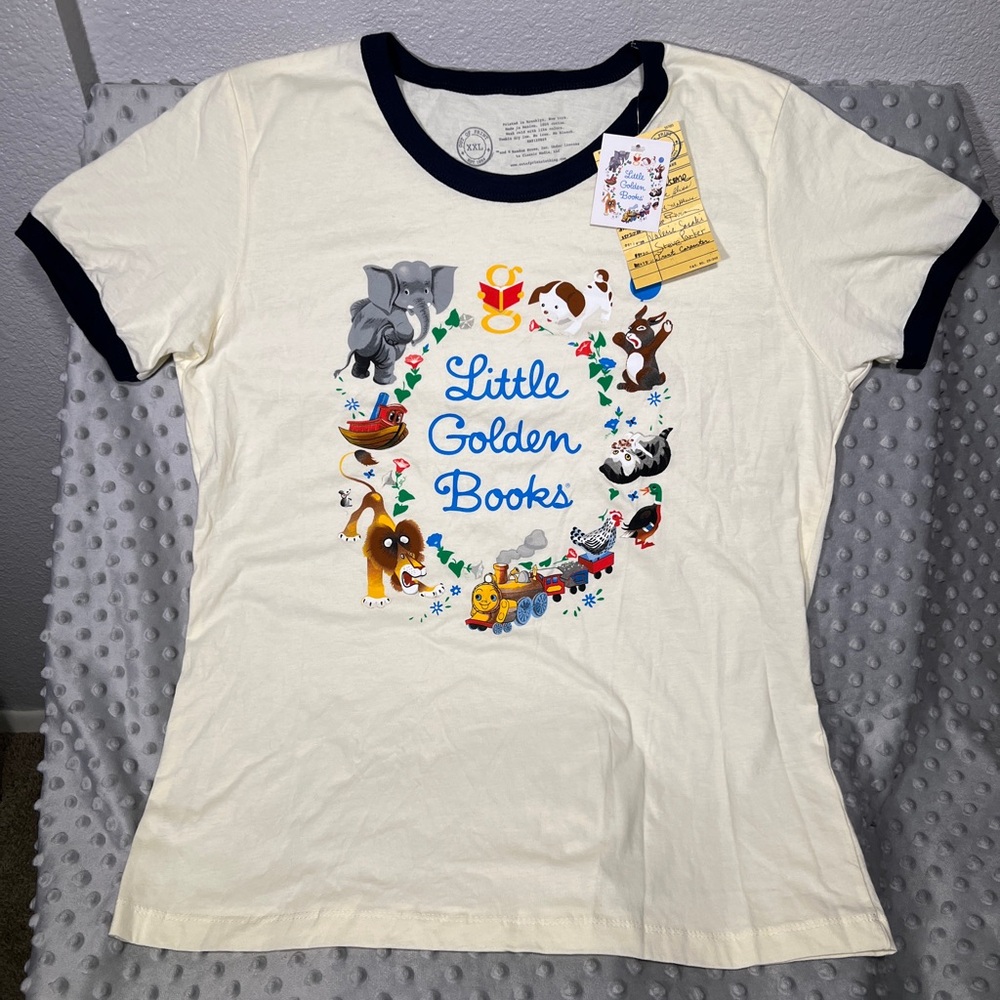 NWT Little Golden Books Out of Print Cream and Navy Ringer T-Shirt fits like XL